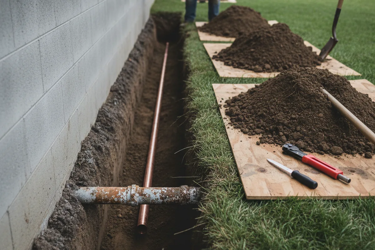 Excavated water line trench during Water Softener Installation in Logandale